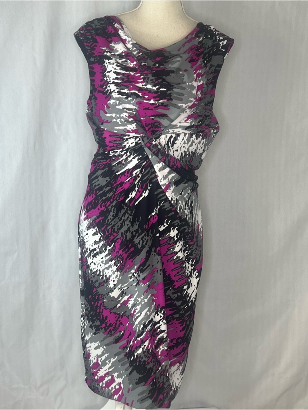 Anne Klein Dress Pink Gray & Black Abstract Sleeveless Drape Neck Tie Waist 12👍